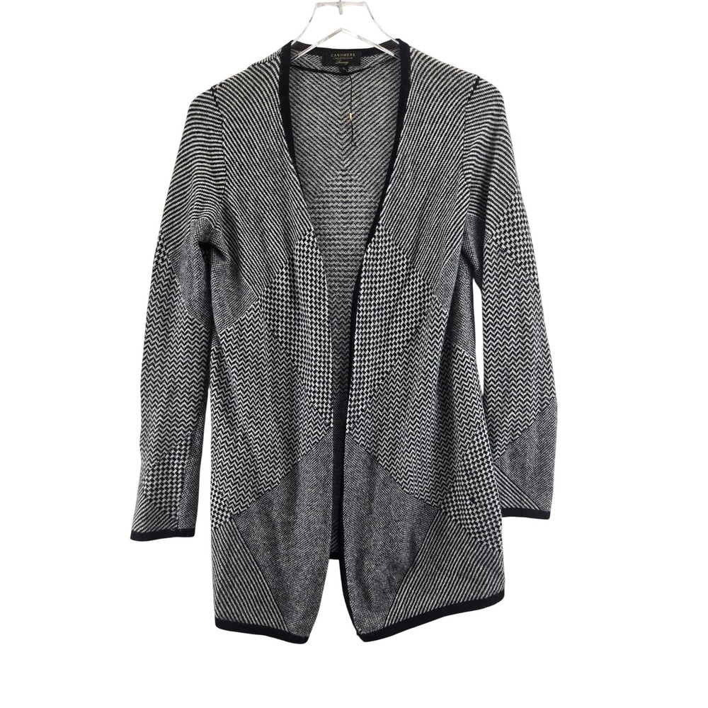 Charter Club Luxury Cashmere Cardigan Sweater Black White Geometric Small